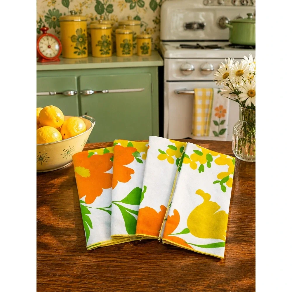 Vintage Floral Cloth Napkins Set 4 Orange Yellow Green Cotton 70s Retro Mod MCM